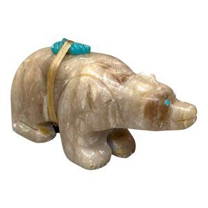 Authentic Signed Native American Carved Stone Bear Fetish Turquoise Eyes 2.5"